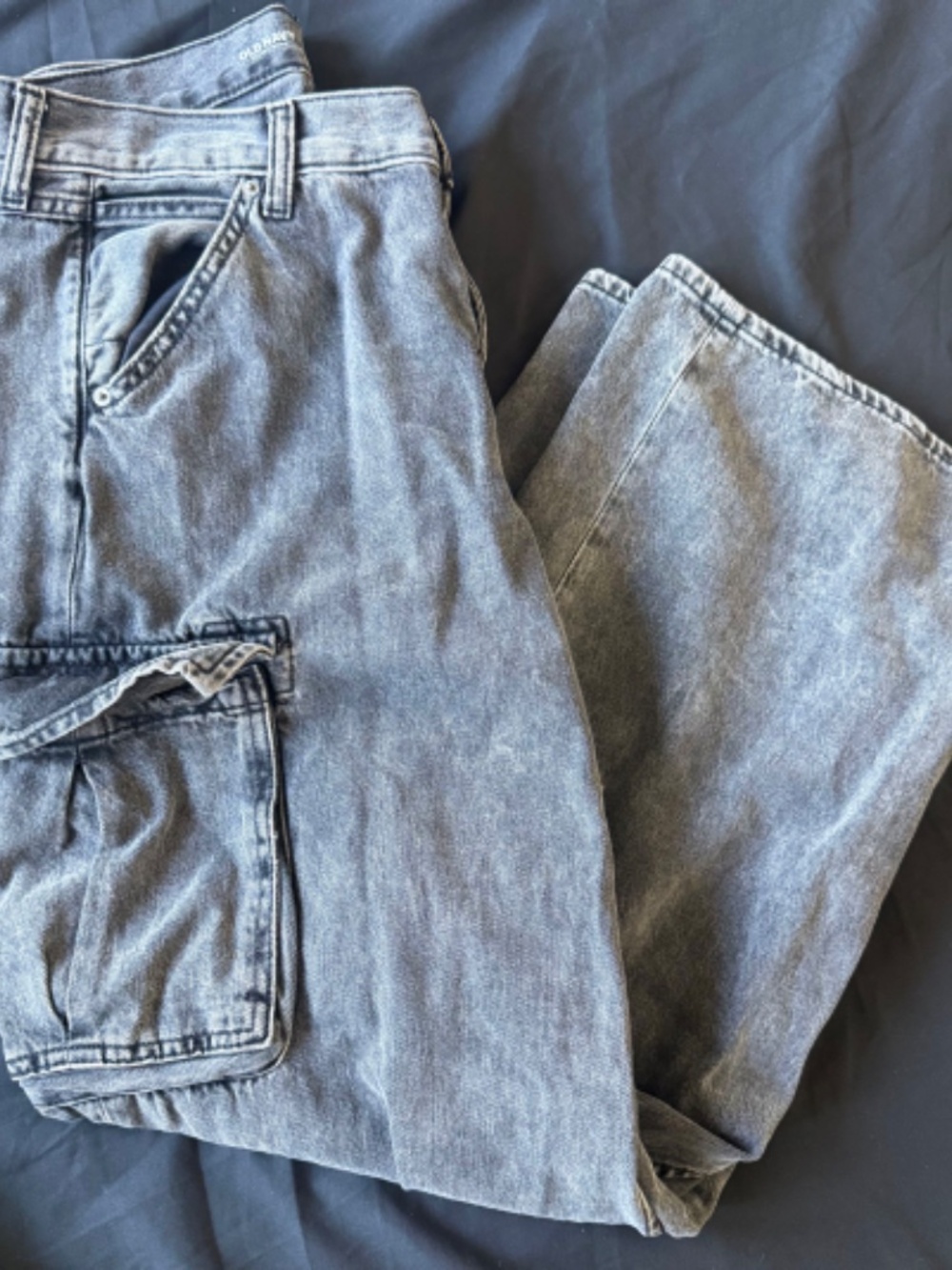 Old Navy Women's Cargo Pants Mid Rise Baggy Wide Leg Acid Wash Black Gray Sz 8